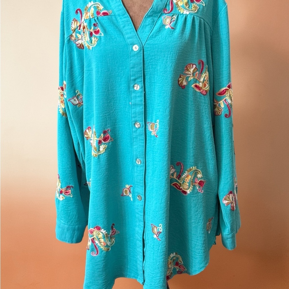 fig and flower Turquoise Embroidered Button-Front Blouse